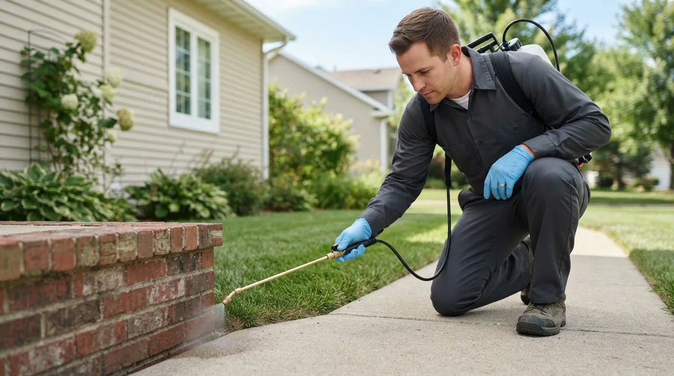 Pest control technician treating a home near Williamsville, MO